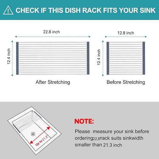 BBXTYLY Extra Large Expandable Roll Up Dish Drying Rack,Over The Sink Drying Rack Sink Cover Kitchen Sink Accessories Kitchen Rolling up Stainless Steel Drainer, Foldable,Rollable（Gray，22.8''-12.4''）