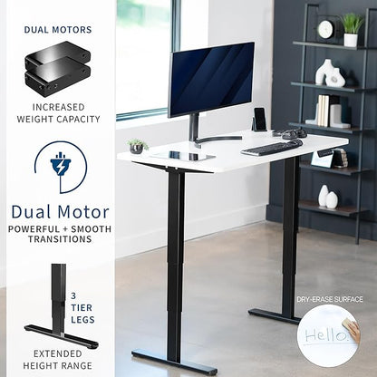 VIVO Electric 60 x 24 in Dual Motor Sit Stand Desk, Memory Height Adjustment, 2B Series, White Dry Erase Top Black Frame, DESK-KIT-2B6WE