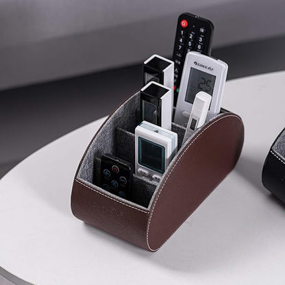 Remote Control Holders Organizer Box with 5 Compartment PU Leather Multi-functional Office Desk Storage Caddy Store Tv Remote for Media Player,Brush,Pencil,Glassees&Office Supplies (Dark Brown)