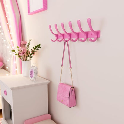 SKOLOO Wall Mounted Coat Rack - 6 Hooks, Pack of 2, Heavy Duty, Stainless Steel, Metal Wall Hanger, Sturdy Coat Hooks for Hanging Coats, Jackets, Clothes, Hats - Pink