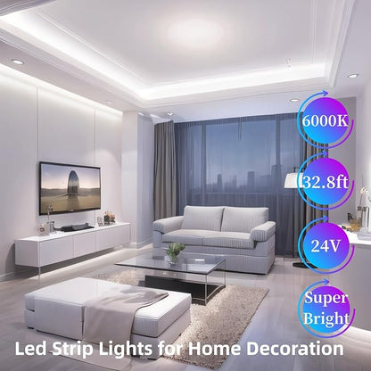 Small Led Light Strip, 12V Updated 24V Dimmable Cuttable LED Lights Strip, 32.8ft 600Leds, Super Bright LED Tape Lights for Living Room, Bedroom, Kitchen, Vanity Mirro,Flexible LED Light Strips