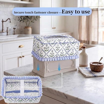 Ruffle Boho Fabric Tissue Box Cover, Handmade Rectangular Blue Green Print Floral Decorative Tissue Box Sleeve Grand Millennial Decor for Bathroom Vanity Home Office