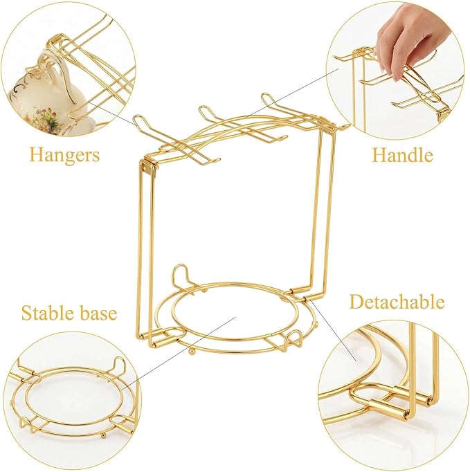 YOLIFE Tea Cup Holder for Countertop, Gold Metal Cup and Saucer Display Stand, Foldable Tea Station Organizer, Espresso Coffee Cups Rack for Home or Bar Decor