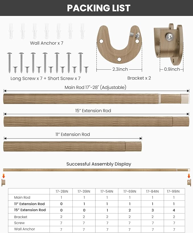 Supforce Closet Rods for Hanging Clothes, 17 to 54 Inches Stepless Adjustable Metal Closet Rod, 1.3 Inches Heavy Duty Clothes Hanging Rod for Closet Wardrobes Laundry RV(Wood Grain)
