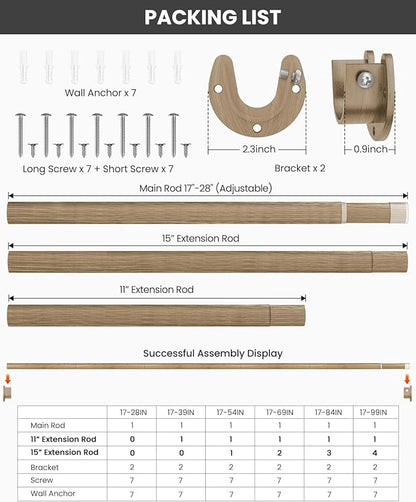Supforce Closet Rods for Hanging Clothes, 17 to 54 Inches Stepless Adjustable Metal Closet Rod, 1.3 Inches Heavy Duty Clothes Hanging Rod for Closet Wardrobes Laundry RV(Wood Grain)