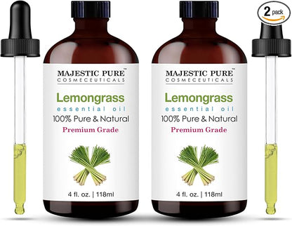Majestic Pure Essential Oil with Glass Dropper - 100% Pure and Natural - Essential Oils for Diffuser, Aromatherapy, Soap and Candle Making, Lemongrass Essential Oil, Lemongrass Oil, 4 Fl Oz Pack of 2