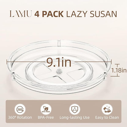 LAMU 4 Pack Lazy Susan Organizer, 9'' Clear Lazy Susan Turntable for Cabinet, Fridge, Kitchen, Pantry, Countertop, Table Top, Refrigerator Organizers and Storage, Seasoning and Spice Organizer