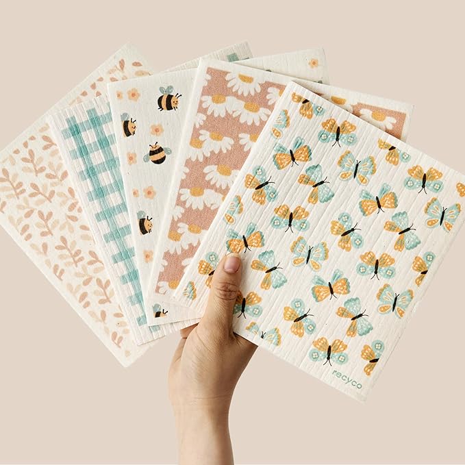 RECYCO Swedish Dishcloths for Kitchen | 5 Pack Gingham Flutter Washable Dish Rags | Cellulose Reusable Cleaning Paper Towels | Absorbent Counter Dish Cloth Sponge Kitchen Wipes, 8" L x 7" W