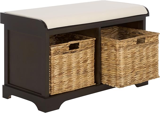 SAFAVIEH Home Collection – Freddy Dark Chocolate Storage Bench with Seat Cushion, 2 Basket Drawers, Coastal Farmhouse Entryway Design, Fully Assembled (AMH5736H)