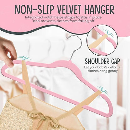 25 Premium Kids Velvet Hangers - 14" Non-Slip Clothes Hangers for Kids & Preteens - Ultra Slim, Space-Saving, Strong & Durable Hangers with 360° Swivel Hook - Pink
