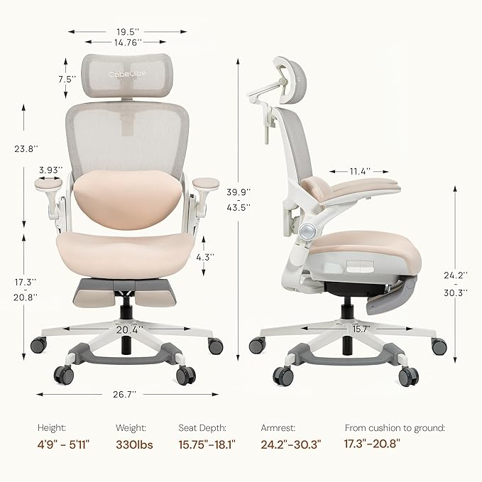 CabLady S2 Petite Ergonomic Office Chair for Women, Small Frame Desk Chair with Adjustable Lumbar, Headrest & Footrest, Space-Saving Flip-Up Armrests