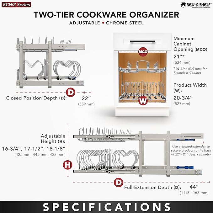 Rev-A-Shelf 2-Tier Kitchen Cabinet Pullout, Cabinet Organizer for Pots, Pans, and Lid Cookware, Adjustable Heavy Duty Wire, Chrome, Min Opening Width of 20.5", 5CW2-2122-C