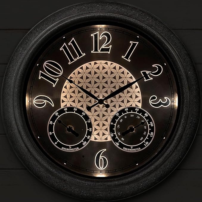 Presentime & Co. 18 Inch Illuminated Outdoor Clock, Waterproof Lighted Large Wall Clock with Thermometer & Hygrometer, Elegant & Vintage Home Decor for Garden, Patio, Pool, Grey Stone Finish
