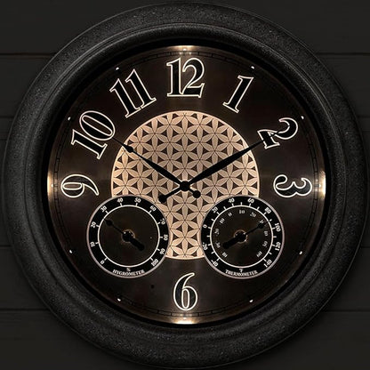 Presentime & Co. 18 Inch Illuminated Outdoor Clock, Waterproof Lighted Large Wall Clock with Thermometer & Hygrometer, Elegant & Vintage Home Decor for Garden, Patio, Pool, Grey Stone Finish