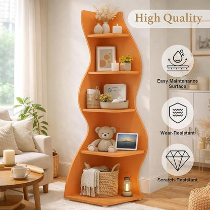 Arvolia 70 Inch Corner Bookshelf, Modern 5-Tier Small Bookshelf with Unique Curved Design, Freestanding Vertical Storage Shelf for Living Room, Bedroom or Home Office(Orange)