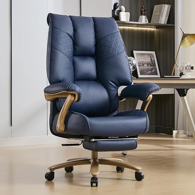 Big and Tall Executive Office Chair with Footrest, 400LBS Capacity Ergonomic High-Back Desk Office Chair with Lumbar Support, Padded Armrests & Thick Cushion, Blue PU Leather Chairs