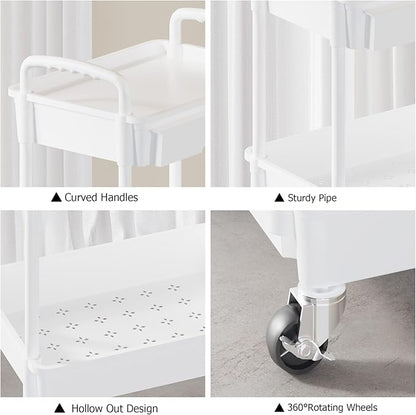 LLMRR 3 Tier Rolling Utility Cart with Drawer, Plastic Storage Organizer Rolling Carts with Wheels Handles Hanging Cups Hooks for Office, Bathroom, Kitchen,Craft Art Room (White)