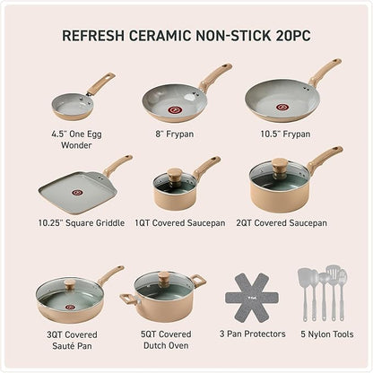 T-Fal Refresh Ceramic Nonstick Cookware Set, 20-Piece, Oven Safe to 350°F, Stockpot, Ceramic Pots and Pans Set, Frying Pans, Griddle, Utensils, Sand Beige