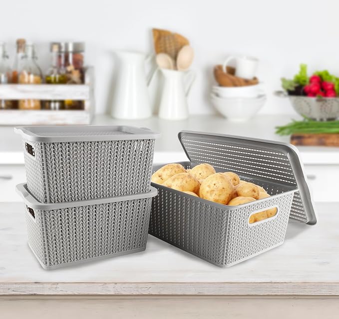 Onion and Potato Storage Bins,Stackable Plastic Pantry Bins with Lids,BPA-Free,Potatos and Onions Storage Baskets for Kitchen (Gray-3 Pack)