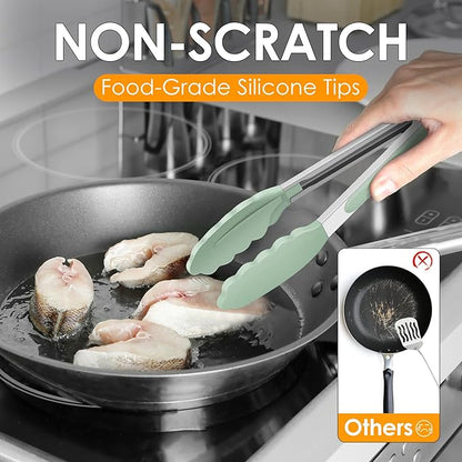 HOTEC Premium Stainless Steel Locking Kitchen Tongs with Silicon Tips, Set of 3-7", 9" and 12" (Light Green)