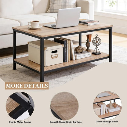 SUPER DEAL 2-Tier Industrial Coffee Table with Storage Shelf for Small Apartment Living Room, Rectangle Wood and Stable Metal TV Stand Side End Table, Natural Oak