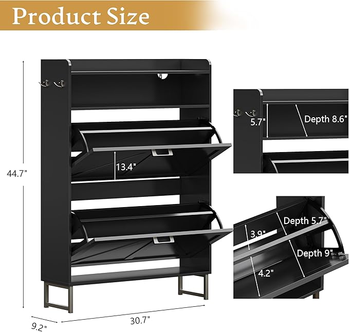Shoe Cabinet with 2 Flip Drawers, 45" Freestanding Narrow Wood Shoe Storage Cabinet with Metal Legs and Hooks, Slim Shoe Rack Organizer for Entryway, Hallway, Black