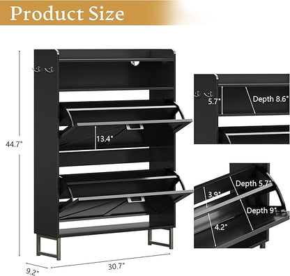 Shoe Cabinet with 2 Flip Drawers, 45" Freestanding Narrow Wood Shoe Storage Cabinet with Metal Legs and Hooks, Slim Shoe Rack Organizer for Entryway, Hallway, Black