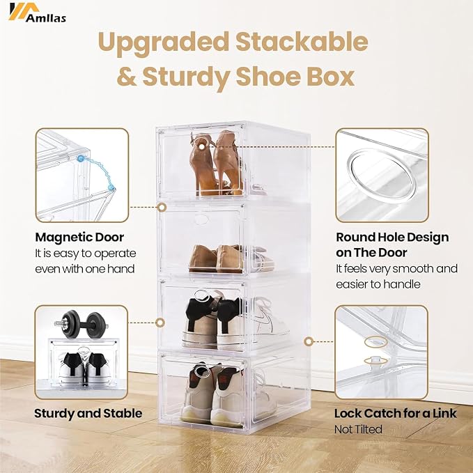 12 Pack Clear Shoe Storage, Stackable Shoe Organizer, Shoe Boxes for Closet | Plastic Shoe Containers with Magnetic Door, Sturdy Sneaker Storage Organizer, Shoe Cabinet Fit up to US Size 12