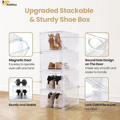 12 Pack Clear Shoe Storage, Stackable Shoe Organizer, Shoe Boxes for Closet | Plastic Shoe Containers with Magnetic Door, Sturdy Sneaker Storage Organizer, Shoe Cabinet Fit up to US Size 12