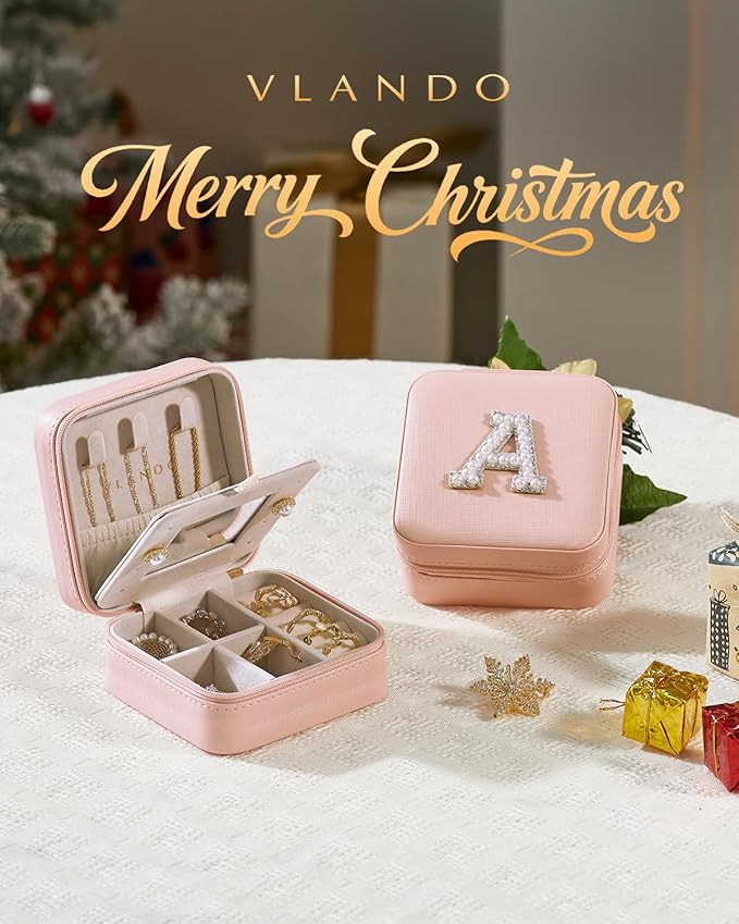 Vlando Mothers Day Gifts, Travel Jewelry Case for Women, Travel Gifts, Travel Essentials Small Jewelry Box, Jewelry Travel Organizer for Teen Girls Kids Graduation Gifts- Letter A, Pink