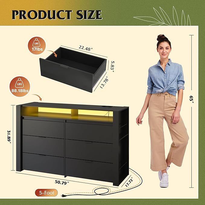 WLIVE 6 Drawer Led Dresser for Bedroom, 51" Black Wood Dresser Storage Organizer with Charging Station for 55" TV, Dressers with Open Shelves, Hanging Rack, Chest of Drawers for Closet, Living Room