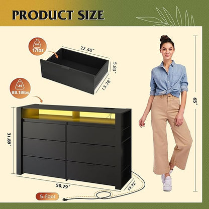 WLIVE 6 Drawer Led Dresser for Bedroom, 51" Black Wood Dresser Storage Organizer with Charging Station for 55" TV, Dressers with Open Shelves, Hanging Rack, Chest of Drawers for Closet, Living Room