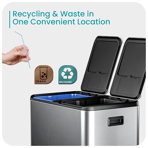 Home Zone Living 16 Gallon Kitchen Trash Can with Dual Compartments for Recycling, Stainless Steel, Silver, 60 Liters Total