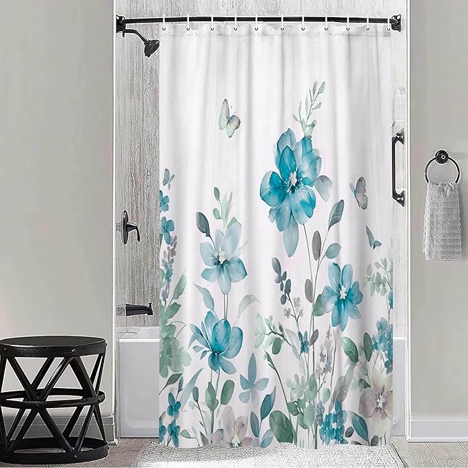 Turquoise Blue Floral Shower Curtain, Turquoise Blue Lavender Floral Butterfly Boho Shower Curtains for Bathroom, Farmhous Flower Cute Fabric Shower Curtain Set with 12PCS Hooks, 70X85IN