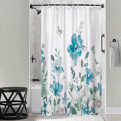 Turquoise Blue Floral Shower Curtain, Turquoise Blue Lavender Floral Butterfly Boho Shower Curtains for Bathroom, Farmhous Flower Cute Fabric Shower Curtain Set with 12PCS Hooks, 70X85IN