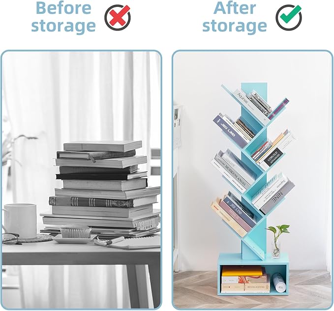 Yoobure Tree Bookshelf - 6 Shelf Retro Floor Standing Bookcase, Tall Wood Book Storage Rack for CDs/Movies, Utility Book Organizer Shelves for Bedroom, Living Room, Home Office Blue