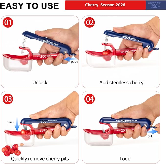 Cherry Pitter Cherries Pitter Tool For Cherry Season | 250th Independence Day Pattern,Stainless Steel Rod,Lock Design, Sorage Box,Dishwasher