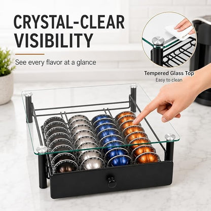 Tempered Glass Coffee Pod Drawer, Nespresso Vertuo Capsule Holder Organizer for 40 Pods, Under Coffee Maker Storage, Compatible with Vertuo Next/Plus, 14.76"x12.99"x3.5"