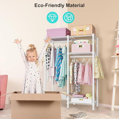 Ulif F1 Garment Rack for Kids, Baby, Students, and Children's Room, 4 Tiers Freestanding and Portable Heavy Duty Closets, Small Metal Clothes Rack with 2 Hanging Rod, 31.2" W x 11.8" D x 48" H, White