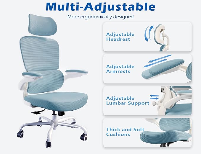 TRALT Ergonomic Office Chair - Desk Chair with Adjustable Headrest Lumbar Support Computer Chair - Mesh Comfy Chair with Flip-up Armrests - Gaming Chairs for Adults Home Office (PU Leather, Blue)