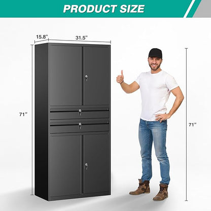SISESOL Metal Storage Cabinet with Drawer and Locks,Black Garage Storage Cabinet with Locking Doors and Adjustable Shelves,71" Tall Large Metal Cabinets with Magnetic Door for Home,Office,Garage