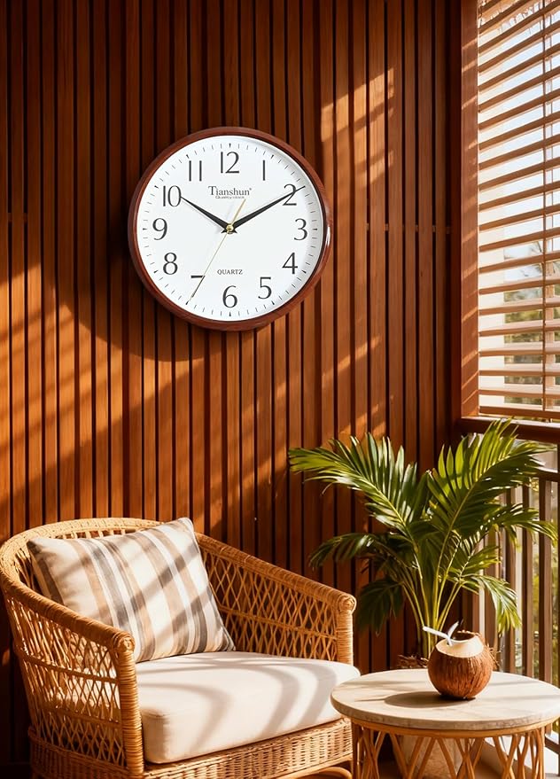 Wall Clock Silent Non-Ticking Battery Operated Small 10 Inch Modern Easy to Read for Living Room Bedroom Kitchen Office Decor (Redwood Grain)