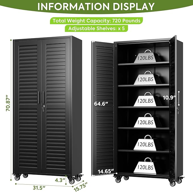 Garage Storage Cabinet with Wheels & Pegboard, Lockable Metal Storage Cabinet with Doors and 5 Adjustable Shelves for Garage, Home, Assembly Required, Black, 70.87" H x 31.5" W x 15.75" D