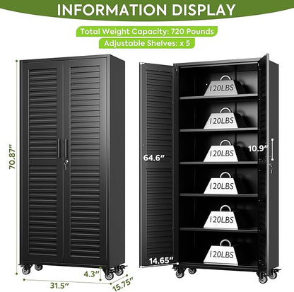 SUXXAN Garage Storage Cabinet with Wheels Pegboard and 5 Adjustable Shelves, 71"x 31.5"x15.8" Metal Lockable Cabinet with Louvered Doors, Tool Storage, Home Office Garage, Gym, School (Black)