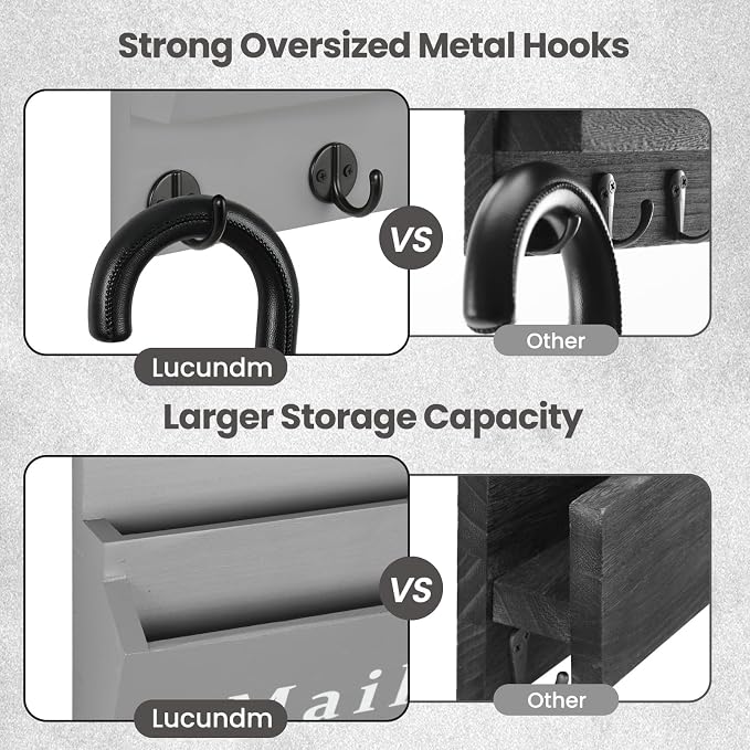 Mail and Key Holder - Decorative 8.86" x 11.42" Wall Key Hanger with 2 Mail Organizer Slots and 3 Hooks - Real Paulownia Wood with Keyhole Brackets, Hardware and Instructions (Gray)