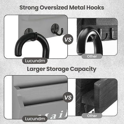 Mail and Key Holder - Decorative 8.86" x 11.42" Wall Key Hanger with 2 Mail Organizer Slots and 3 Hooks - Real Paulownia Wood with Keyhole Brackets, Hardware and Instructions (Gray)