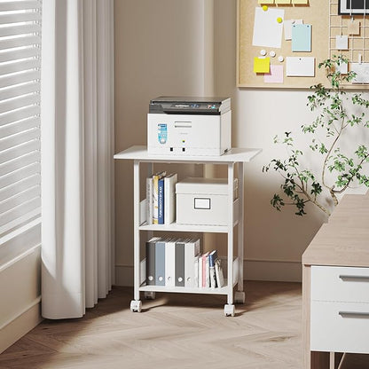 BOHDK Printer Stand, 3-Tier Industrial Large Printer Table with Shelf, 23"x15" Mobile Heavy Duty Storage Rack on Wheels for Home Office Printer Fax Machine Scanner Copier, White