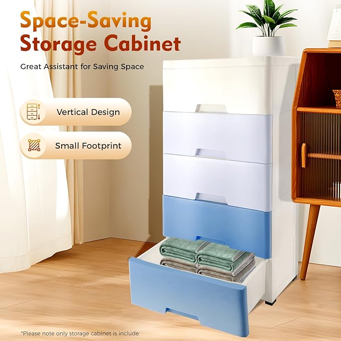 Plastic Dresser for Bedroom with 5 Drawers,Stackable Vertical Storage Tower, Small Dresser Chest of Drawers, Mobile Drawer Storage Cabinet with Wheels for Hallway Entryway,Bedroom Furniture (Blue)