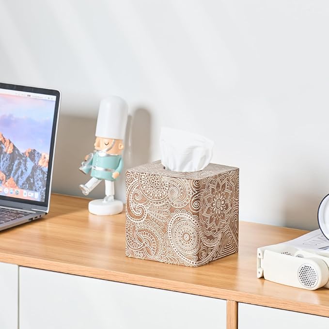 Vintage Wood Carved Square Tissue Box Cover Decorative,Napkin Dispenser,Facial Paper Holder for Bathroom Vanity Countertop,Bedroom Dresser,Night Stand, Desk, Office and End Table,Boho Flowers