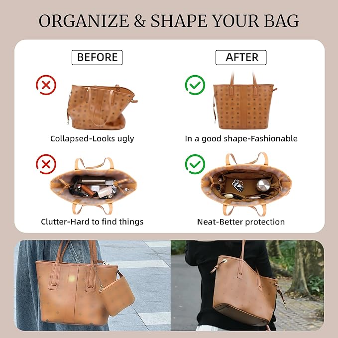 Purse Organizer Insert, Satin Tote Bag Organizer with 8 Sizes, Handbag Dividers for Inside Purse, Compatible with Longchamp, Neverful, 25C Hobo and More Bags(Mini,Brown)